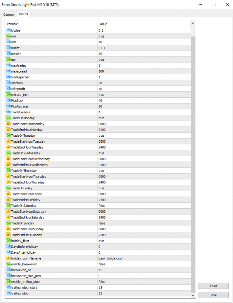 Forex Steam list of settings