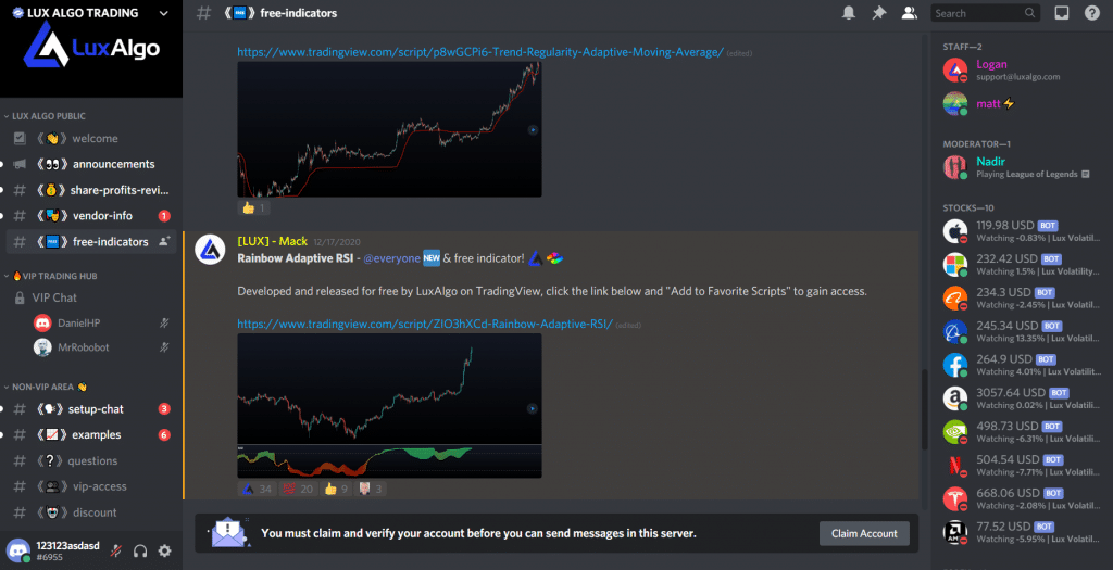 Lux Algo. The Discord channel has some trading ideas, without levels, marketing information, and developers’ promotions.