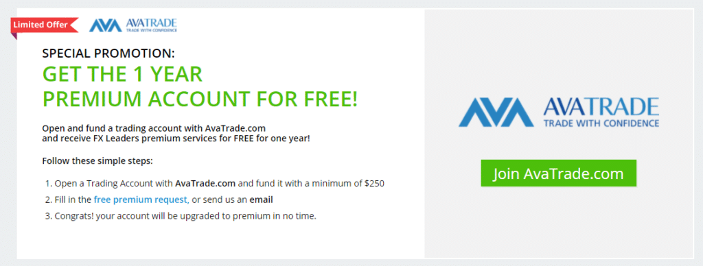 FXLeaders. The “free annual subscription” requires us to register on AvaTrade and deposit the account at $250