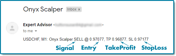 Onyx Scalper. From the screenshots, we can see how the signals look like in terminal pop-ups, email, or Messenger.