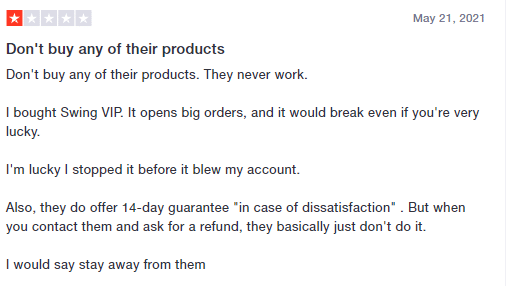 Negative user review for Scalp Pro Indicator.