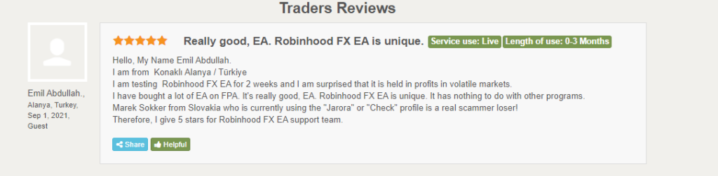 Customer review for Robinhood FX EA on Forexpeacearmy.