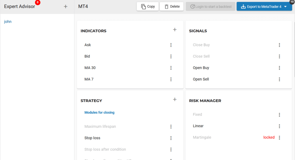 EA Builder Pro dashboard