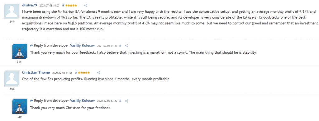 User reviews for Mr. Marting on MQL5.