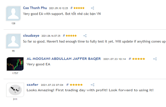 Customer reviews on MQL5.