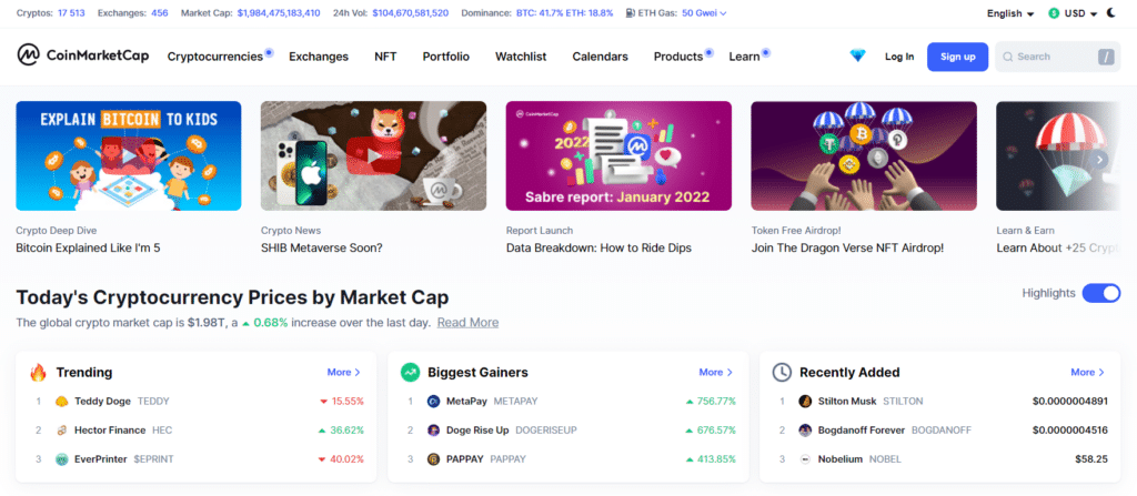 The start page of CoinMarketCap