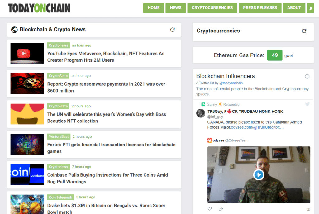 The start page of Today on Chain