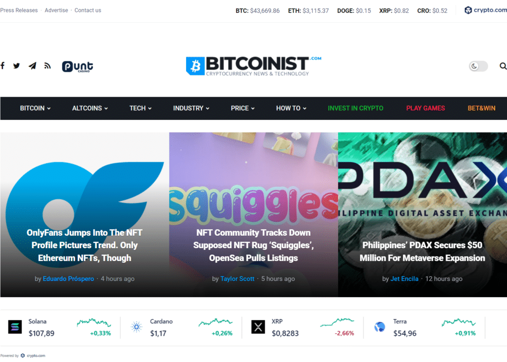 the start page of Bitcoinist