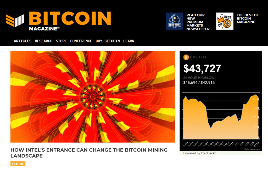 The start page of Bitcoin Magazine