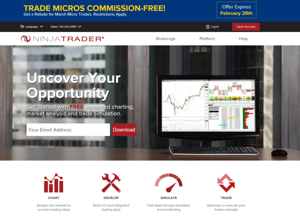 The start page of the NinjaTrader official site