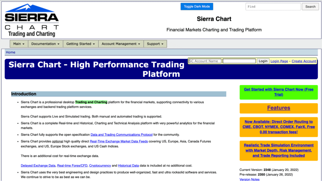 Sierra Chart's homepage