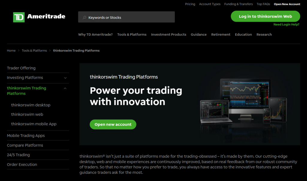 The thinkorswim trading suite site start page