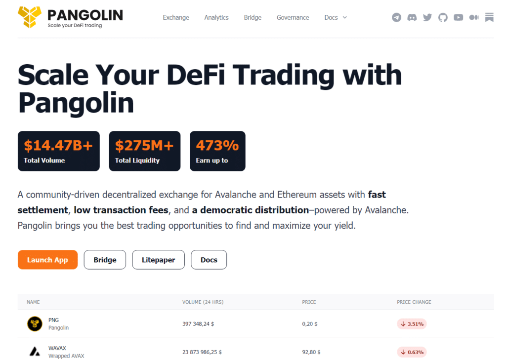 The Pangolin Finance start page