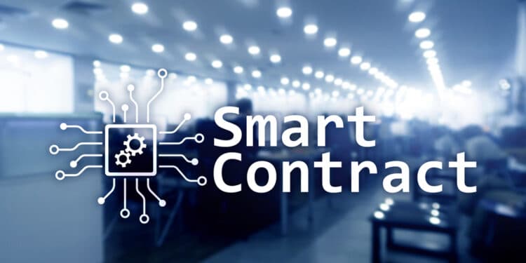 Smart contract, blockchain technology in business, finance hi-tech concept. Skyscrapers background