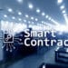 Smart contract, blockchain technology in business, finance hi-tech concept. Skyscrapers background