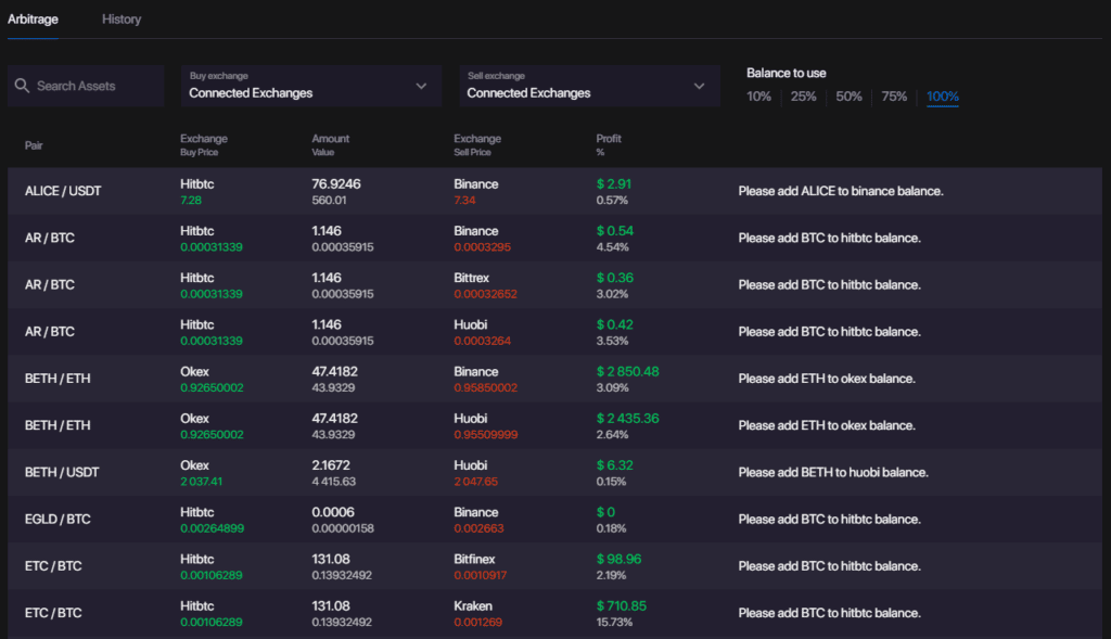 Bitsgap Arbitrage trading page